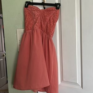 Coral strapless dress, doili flower corset, zip up back